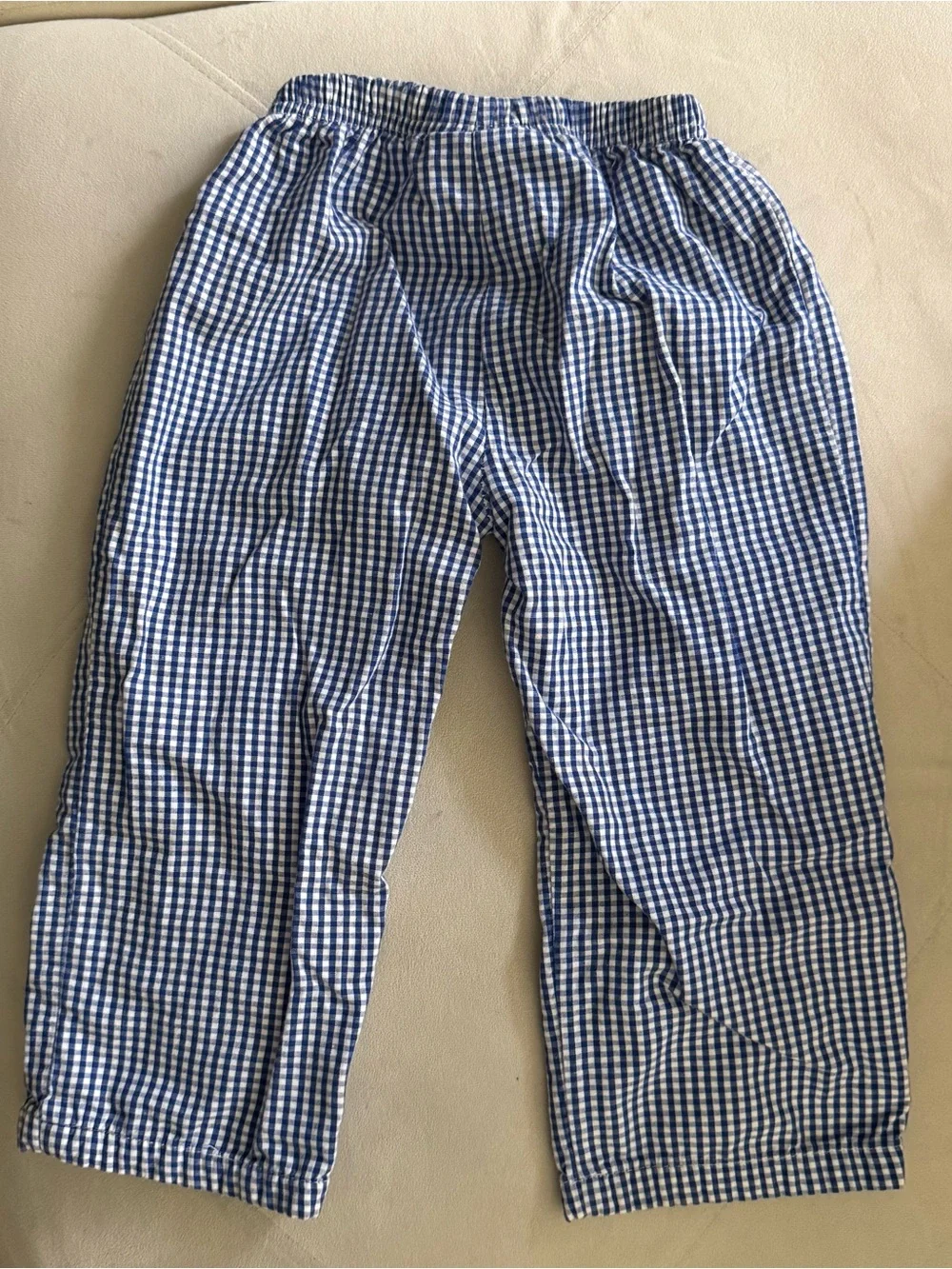 Blue Gingham Elastic-Waist Pants